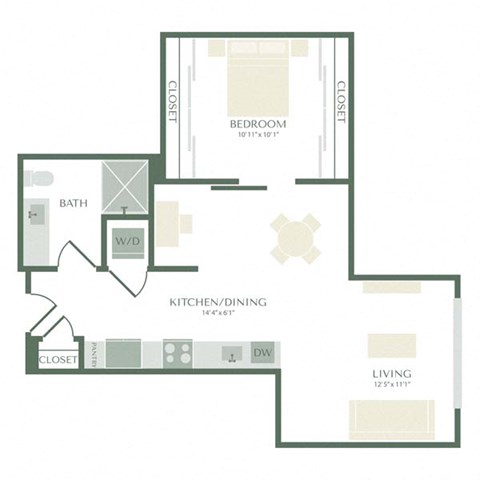 Floor plan for 1 bed, 1 bath, 451 sqft